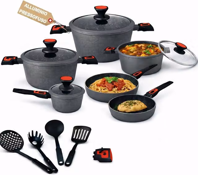 Set di Pentole Bakaji Rubino Suprem 24 Pezzi in Alluminio Pressofuso Grigio con Rivestimento Antiaderente e Manici Removibili