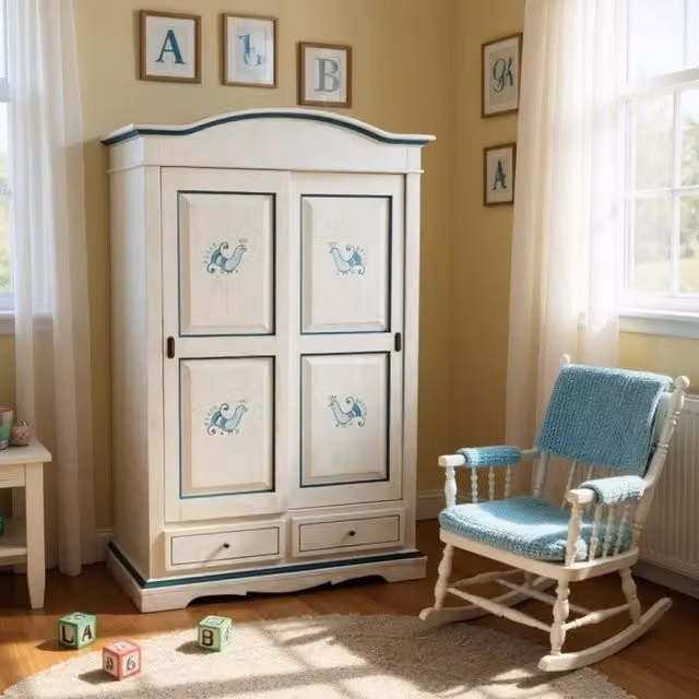 Armadio con 2 ante scorrevoli in legno stile shabby chic bianco anticato decorazione pavoncella Mobili 2G L/P/H: 122 x 59 x 200 cm