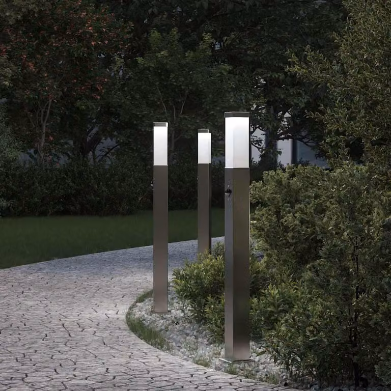 Set di 3 lampioni a dissuasore vidaXL in acciaio inox color argento con sensore di movimento, IP44, Altezza: 80 cm