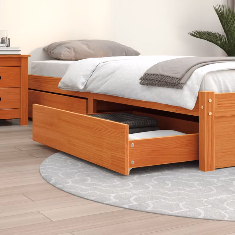 Set di 4 cassetti per letto vidaXL in legno massello di pino, colore marrone cera, con ruote