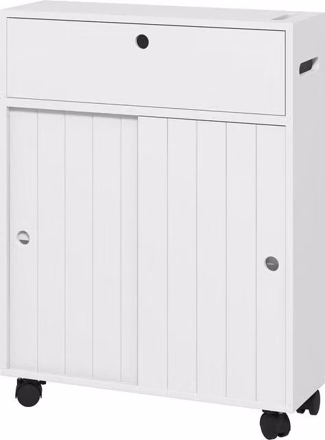 Mobiletto bagno stretto con ruote kleankin, ante scorrevoli e ripiani regolabili, bianco