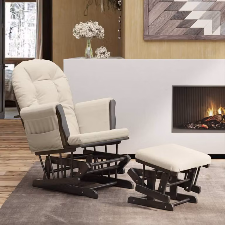 vidaXL Poltrona Glider con Sgabello Bianco Crema in Tessuto e Struttura in Legno Massello
