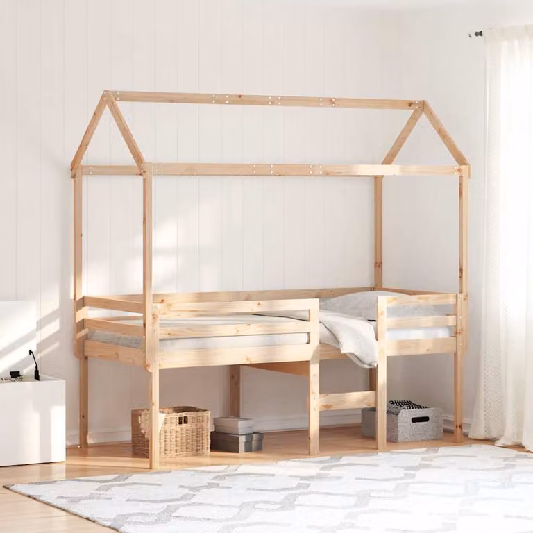 Letto a soppalco con tetto vidaXL in legno di pino marrone per bambini L/P: 200 x 90 cm