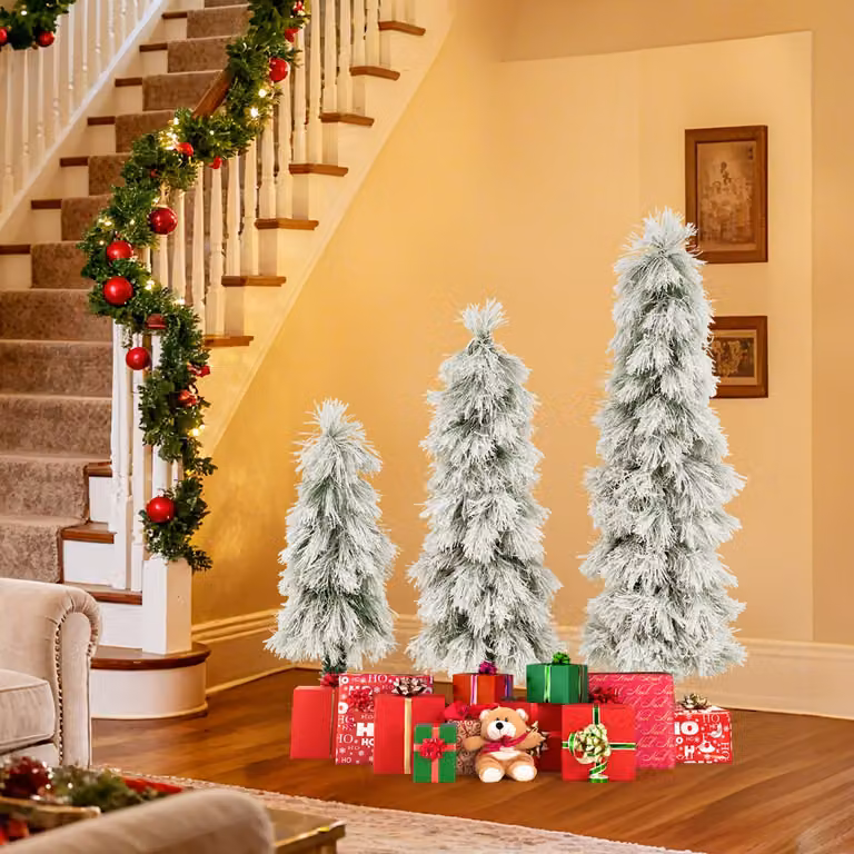 Set di 3 Alberi di Natale Artificiali Pre-illuminati con Punte Innevate Costway, Colore Verde e Bianco, Altezze: 90 cm, 120 cm, 150 cm