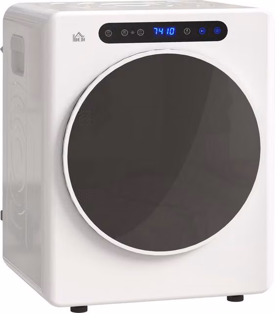 Mini Asciugatrice Elettrica HOMCOM 1000W da 3 kg con Display LED, Bianco, L: 49 cm, P: 43 cm, H: 61 cm