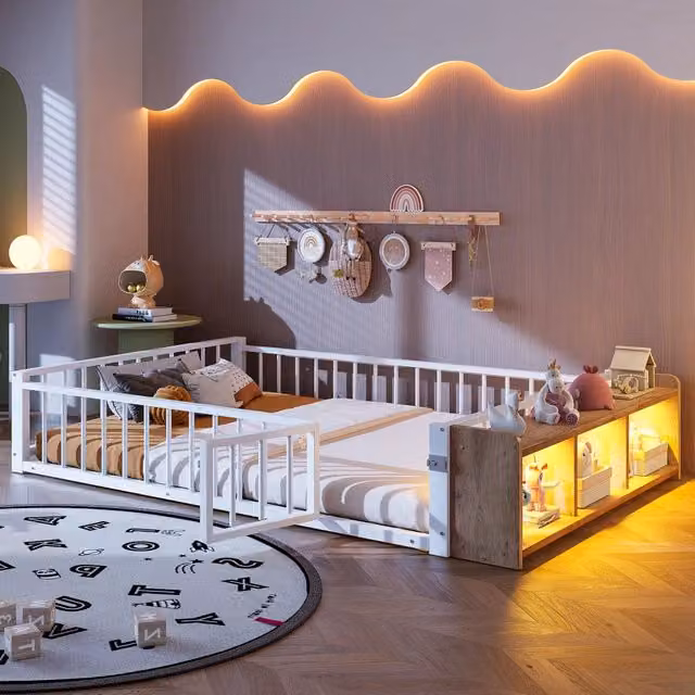 Letto per bambini OKWISH moderno in metallo e MDF bianco con barriera, vani laterali e illuminazione LED sotto il letto, L/P/H: 200 x 140 x 105 cm