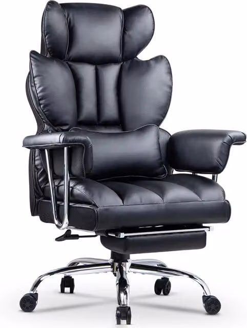 Sedia da ufficio executive HOME FITNESS CODE in similpelle nera con schienale alto, poggiatesta, poggiagambe e supporto lombare