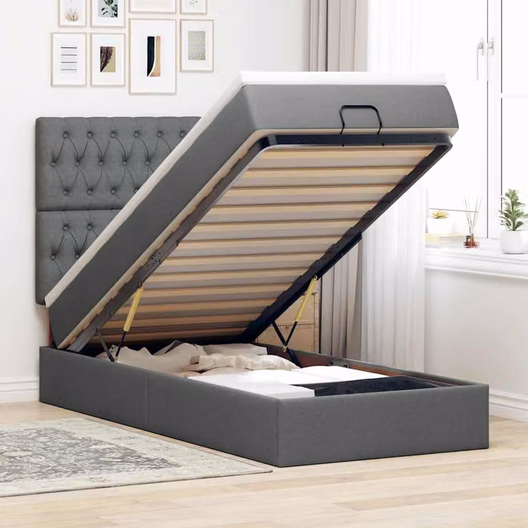 vidaXL Struttura Letto con Materasso e Contenitore Lift-Up in Tessuto, Grigio e Bianco, L/P/H: 203 x 100 x 140 cm