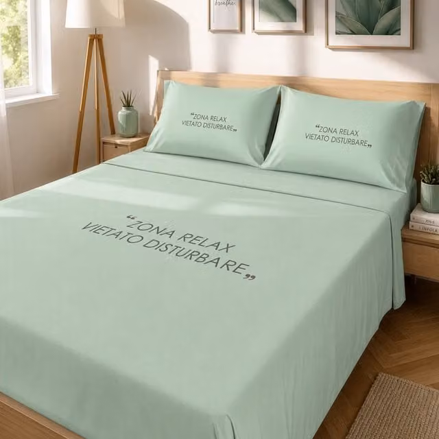 Completo letto matrimoniale KASANOVA in cotone verde con stampa grafica Quotes 160x200 cm