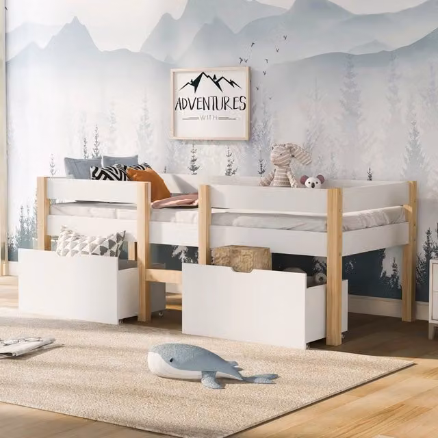 Letto semi-alto per bambini WISHDOR in pino massello e MDF con cassetti e protezione anticaduta, bianco, L/P/H: 190 x 90 x 120 cm
