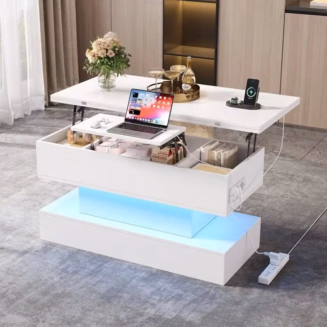 Tavolino da caffè MINIMAL bianco con piano alzabile, LED e presa USB, L: 100 cm, P: 50 cm, H: 51.5 cm