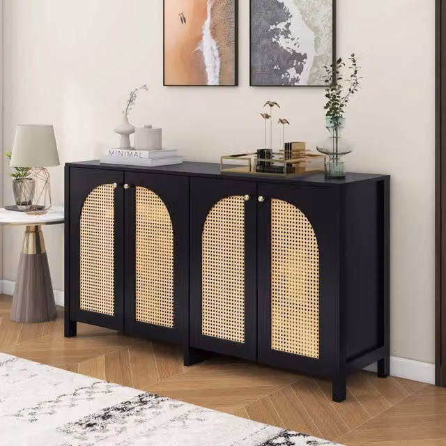 Credenza moderna Zephmum con 4 ante in rattan e maniglie in metallo, colore nero, L: 80.0 cm, P: 40.0 cm, H: 45.75 cm