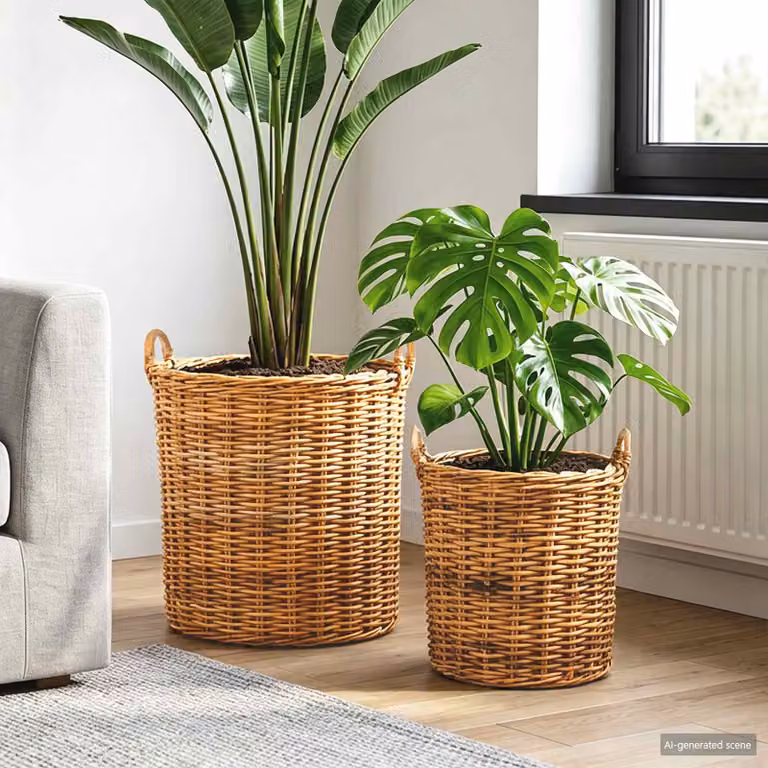 Set di 2 cestini per piante vidaXL GENDT in rattan color marrone naturale con maniglie e design a trama aperta