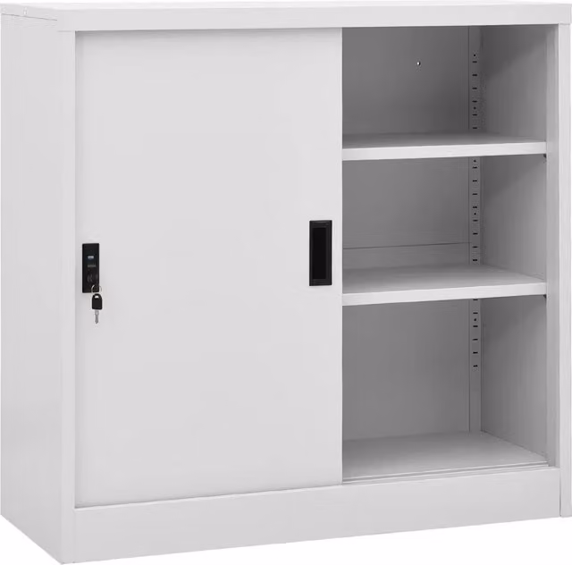 Armadio da ufficio moderno HELLOSHOP26 in acciaio grigio chiaro con ante scorrevoli, serratura e ripiani regolabili, L: 90 cm, P: 40 cm, H: 90 cm