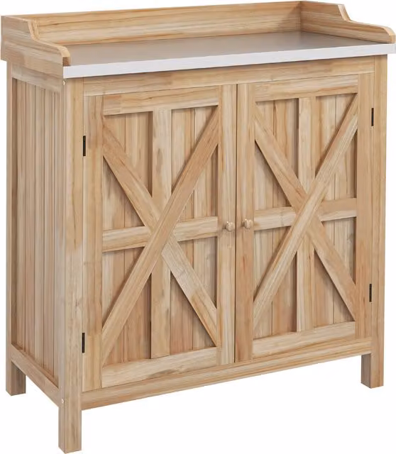 Outsunny Tavolo da trapianto da giardino beige con 2 ripiani in metallo e piedini in legno di pino
