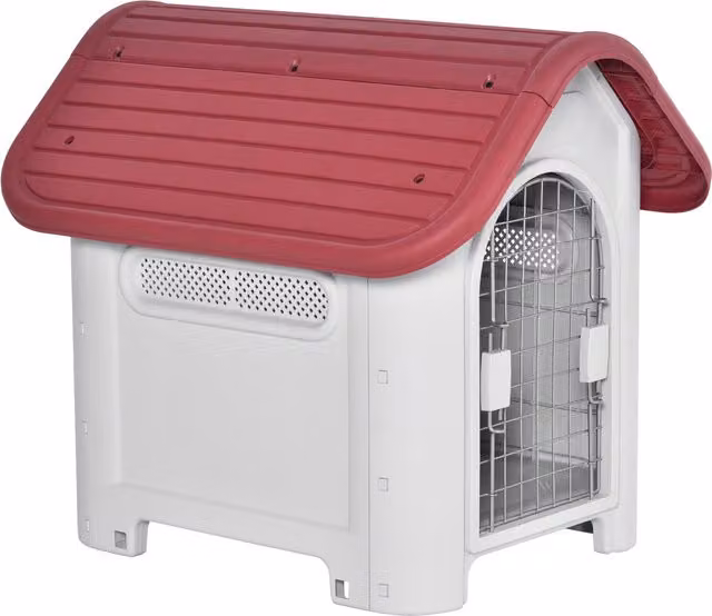 Cuccia per cani PawHut per interno ed esterno con doppia porta in metallo e multi-ventilazione, colore rosso, L 59 cm x P 75 cm x H 66 cm