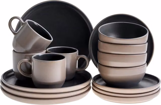 Servizio da tavola Beliani in gres 16 pezzi per 4 persone, colori beige, blu e grigio con finitura smaltata, lavabile in lavastoviglie e utilizzabile in microonde