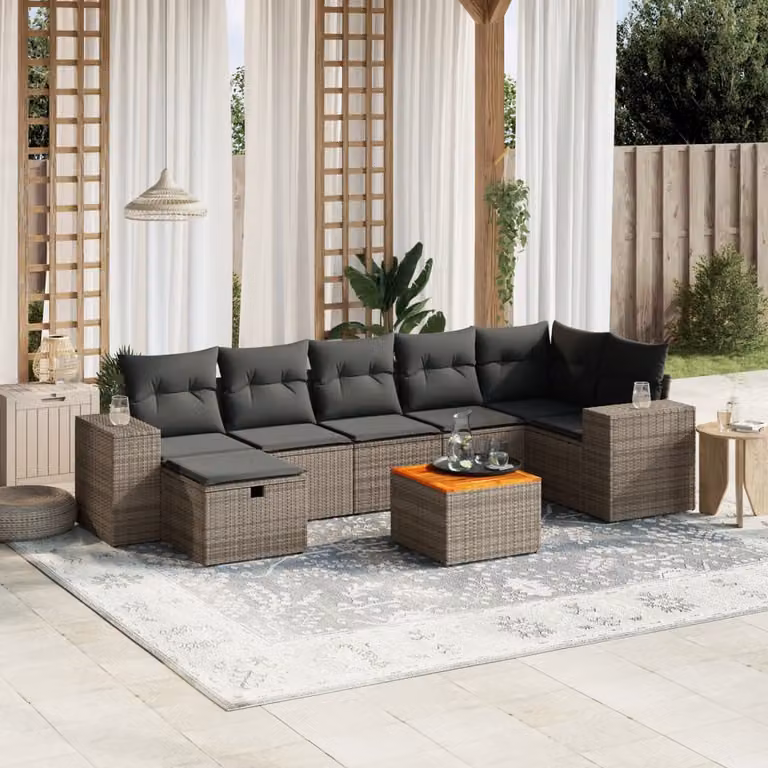 vidaXL Set Divano da Giardino a L 8 pz Grigio con Cuscini e Tavolino in Polyrattan e Acciaio