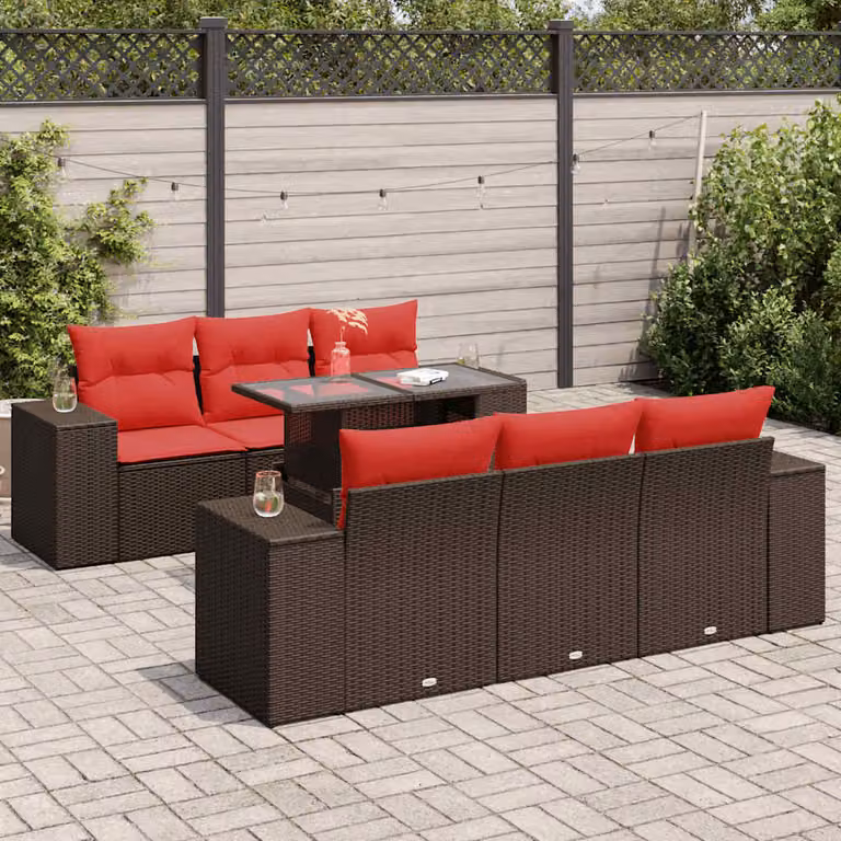 Set da giardino vidaXL composto da 7 pezzi in polyrattan marrone con cuscini e tavolino da esterno a forma di U