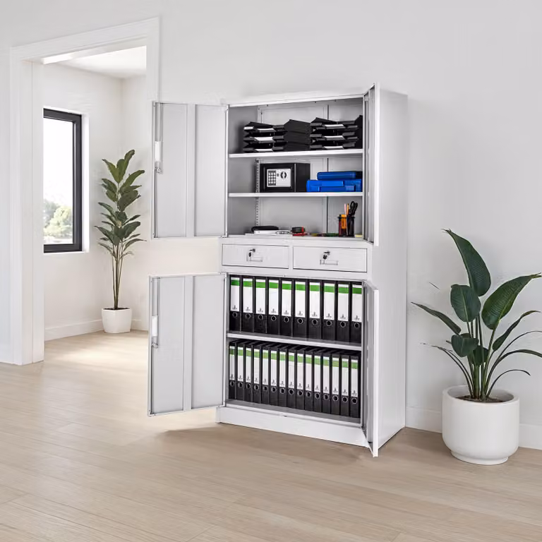 Armadio da ufficio Tectake in metallo lacca grigia con ante a battente, cassetti interni e ripiani regolabili, H 180 x L 80 x P 40 cm
