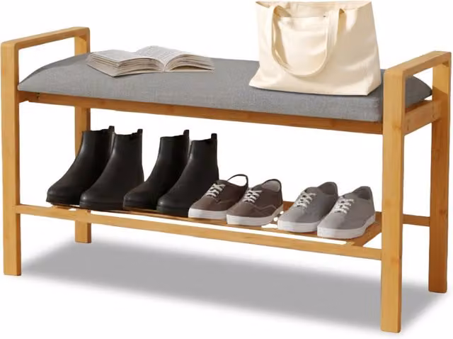 Panca Multifunzione Avilia Home in Bambù con Portascarpe e Seduta in Tessuto Grigio