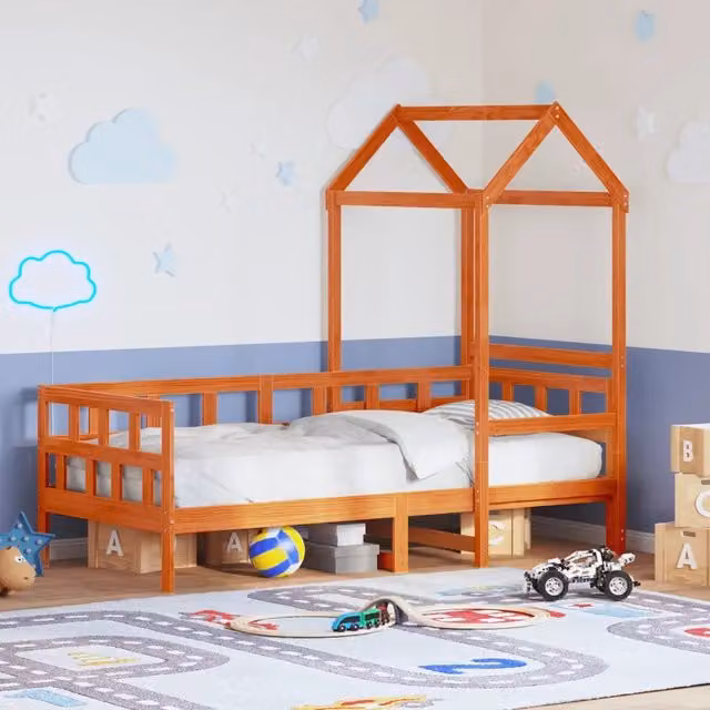 Dormeuse per bambini vidaXL in legno massello di pino con tetto marrone cera L/P/H: 203.5 x 90 x 103.5 cm