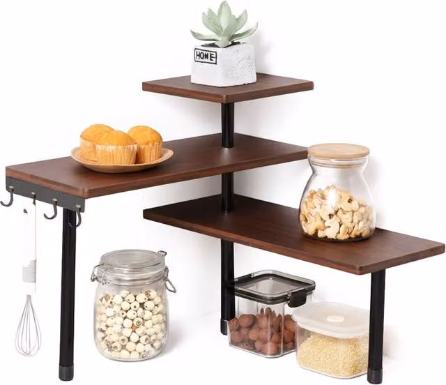 Scaffale Angolare Avilia Home in Bambù e Metallo con 3 Ripiani, Colore Marrone, H 43 cm x L 18 cm x P 39 cm
