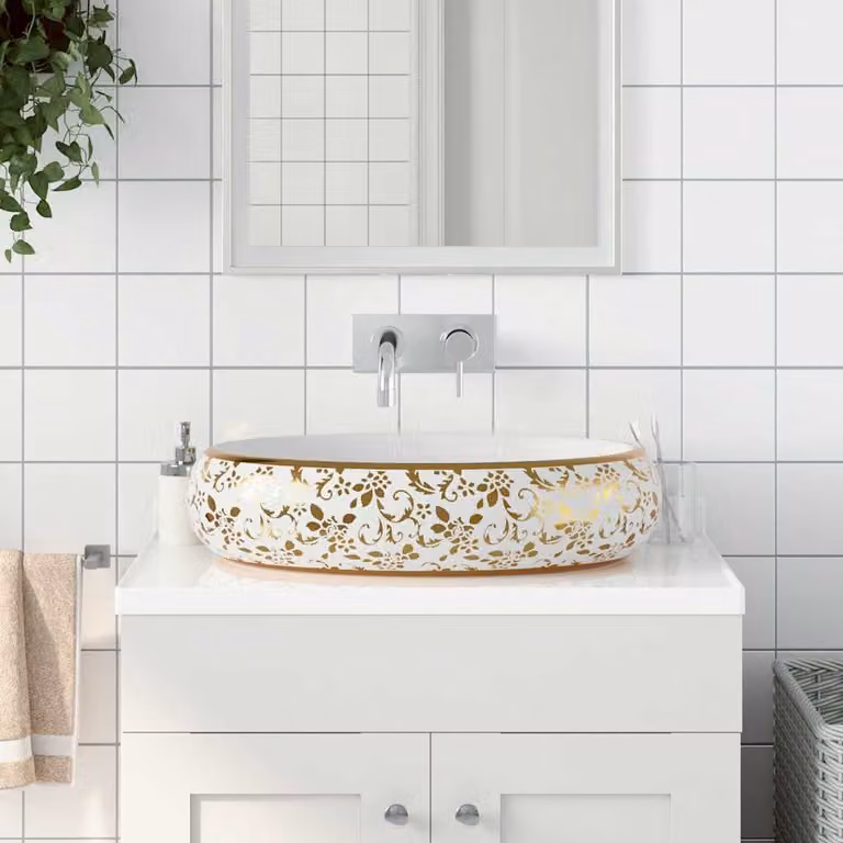 Lavabo da appoggio ovale vidaXL in ceramica bianco e oro L: 59 cm, P: 40 cm, H: 15 cm