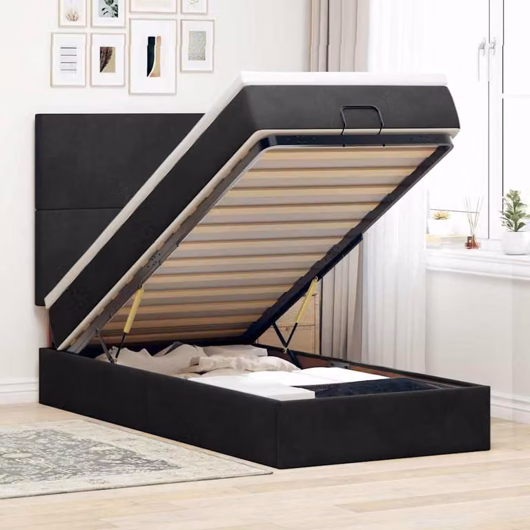 Letto con contenitore a sollevamento vidaXL in velluto nero con materasso L: 100 cm, P: 200 cm, H: 140 cm