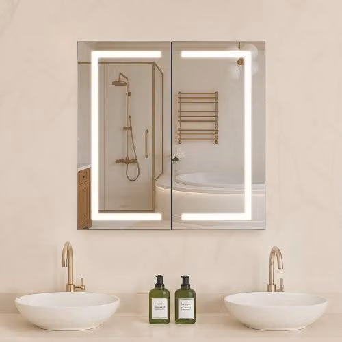 Armadietto per medicinali VEVOR da incasso o parete con specchio e illuminazione LED integrata, bianco, L: 65 cm x H: 65 cm x P: 18 cm