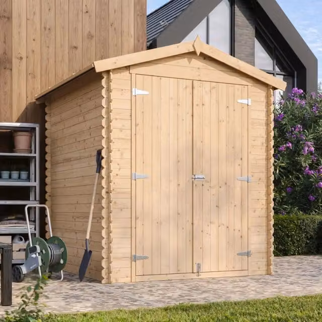 Casetta da Giardino in Legno TIMBELA M320C1 Grigia con Tetto a Capanna e Stile Rustico, 2,82 m²