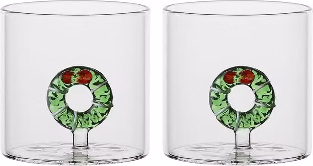 Set di 2 bicchieri tumbler in vetro trasparente con decorazione ghirlanda Sorprese di Natale Thun