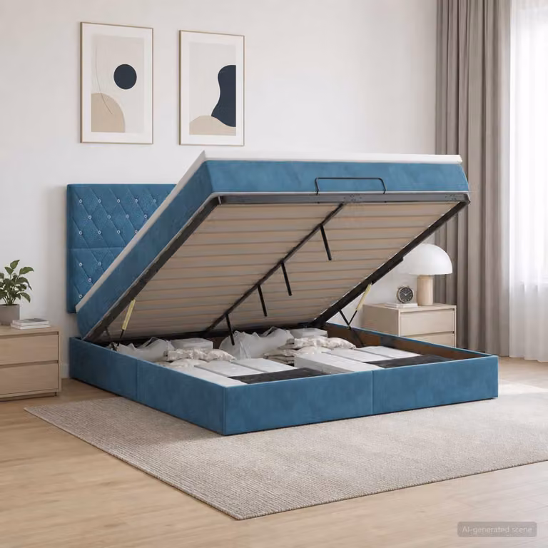 Letto ottomano con materasso vidaXL in velluto blu scuro, L/P/H: 160 x 200 x 88 cm