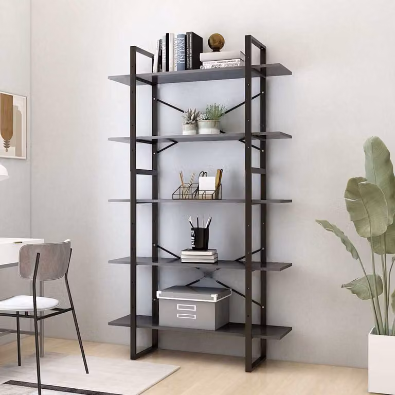 Libreria Industrial vidaXL a 5 Ripiani in Legno e Metallo, Grigia e Nera, L 100 cm x P 30 cm x H 175 cm