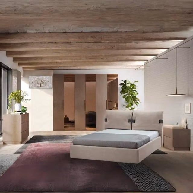 Set camera da letto moderna Mustella con letto contenitore imbottito nei colori bronzo e beige