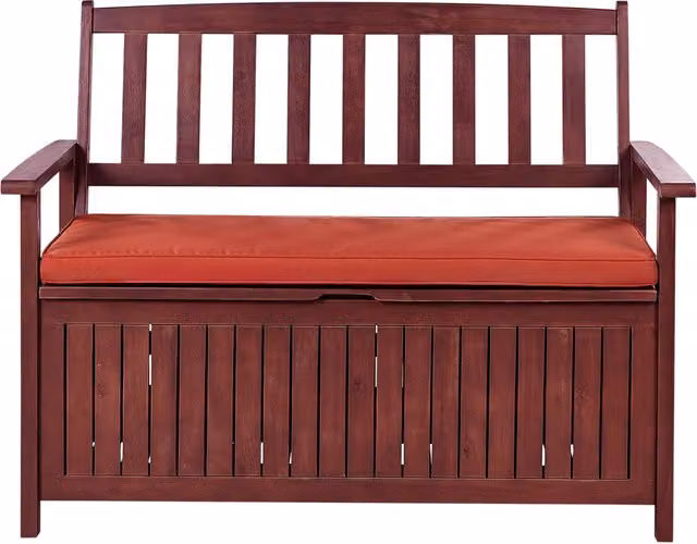 Panca da esterno con contenitore Beliani in legno di acacia con cuscini rossi, L: 120 cm