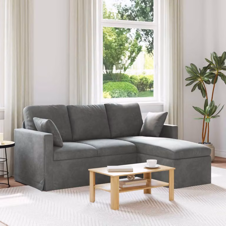 Divano angolare vidaXL in velluto grigio scuro con cuscini, L/P/H: 178 x 134 x 80 cm