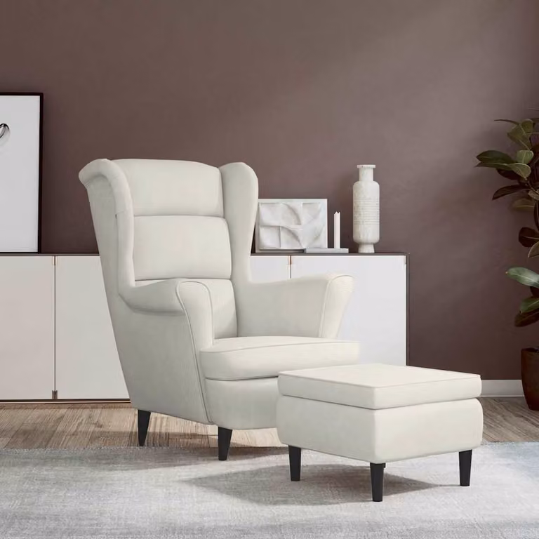 vidaXL Poltrona con Schienale ad Ala e Poggiapiedi in Velluto Beige L: 96.5 cm, P: 78 cm, H: 90 cm