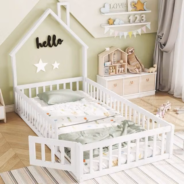 Letto per bambini OKWISH in stile scandinavo con struttura a casetta, in legno di pino e MDF, bianco, L/P/H: 200 x 90 x 120 cm