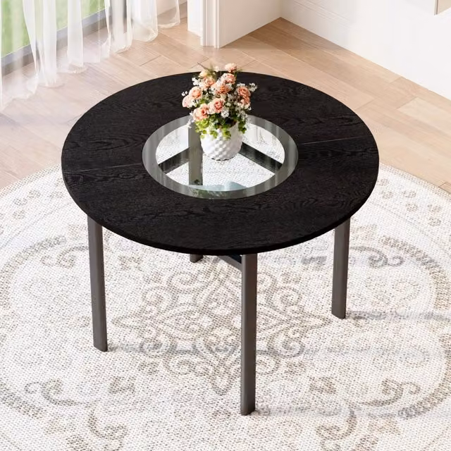 Tavolo da Pranzo Rotondo Minimal con Piano in Vetro Grigio e Telaio in Metallo Nero, Diametro: 100 cm