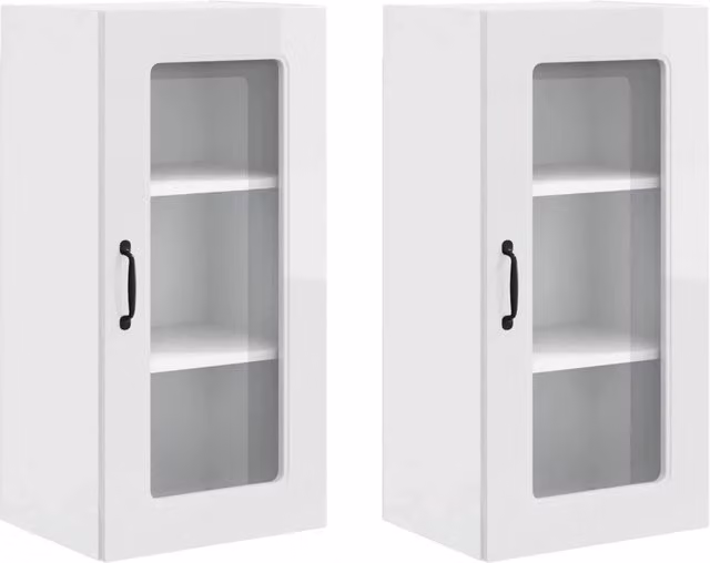 Set di 2 pensili da cucina moderni HELLOSHOP26 in legno composito bianco lucido con ante in vetro, L: 40 cm, P: 31 cm, H: 80 cm