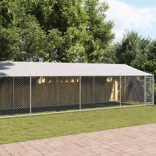 Gabbia per cani VIDAXL in acciaio zincato con tetto e porta, colore grigio, L: 12 m, P: 2 m, H: 2 m