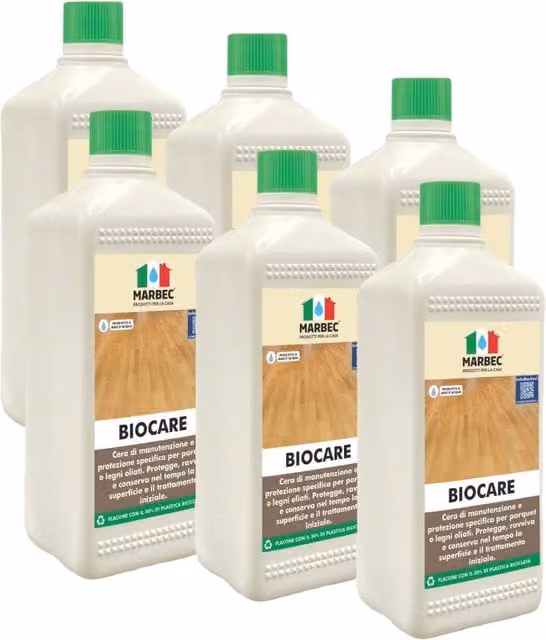 Cera per legno oliato BIOCARE trasparente opaca a base acquosa confezione da 6 x 1 l