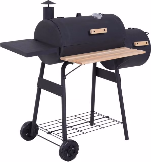 Barbecue a carbone XYLO con affumicatore e coperchio in acciaio nero, dotato di termometro e ruote, L/P/H: 108 x 53 x 17 cm
