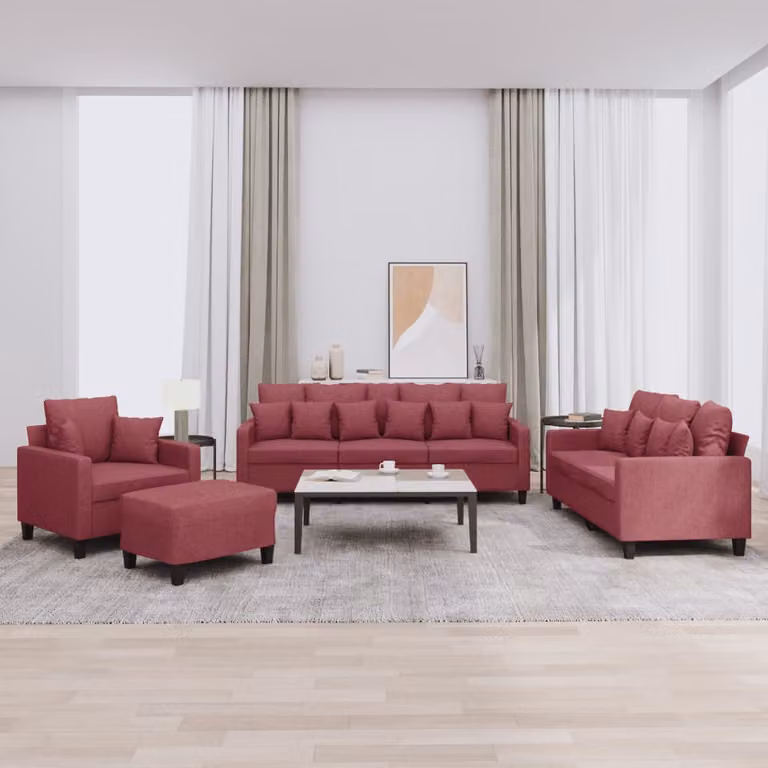 vidaXL Set di Divani Moderno 4 Pezzi in Tessuto Rosso con Cuscini e Pouf