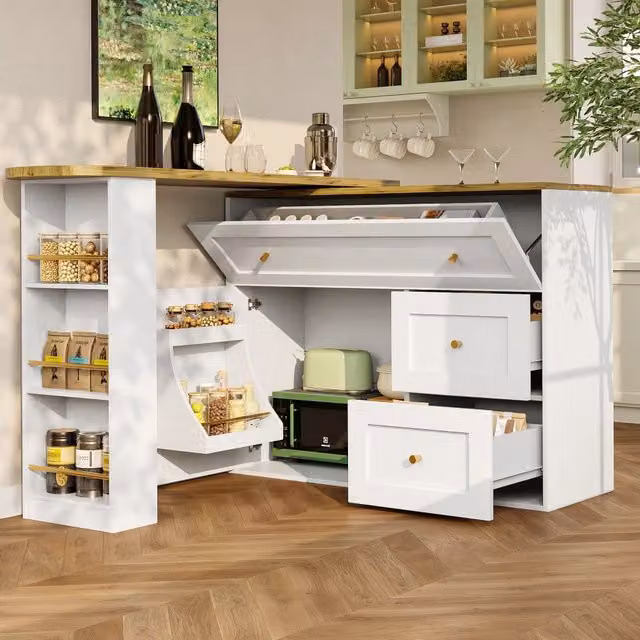 Tavolo bar allungabile WISHDOR con ripiani porta-snack e contenitore, bianco, L: 138-204 cm, P: 39 cm, H: 105 cm