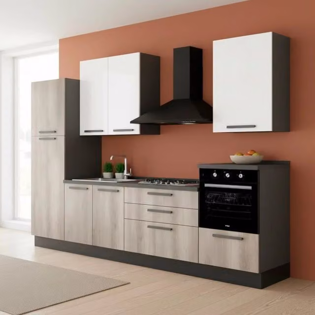 Cucina moderna Tezeta Gordon con ante a battente e cassetti, colore antracite e bianco, L: 300 cm, H: 216 cm