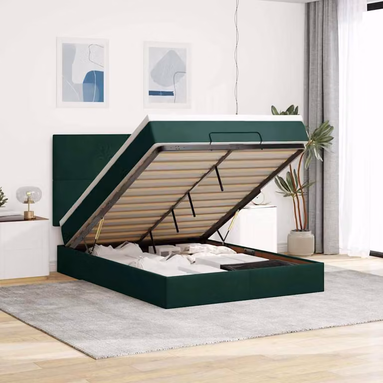 Letto con contenitore e materasso vidaXL in velluto verde e bianco, L/P/H: 193 x 144 x 128 cm con base a sollevamento, illuminazione sottostante e porta di ricarica USB