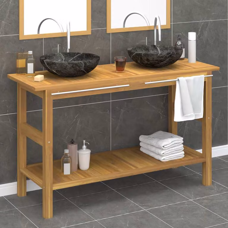 Mobile vanità da bagno vidaXL in legno massello di teak e marmo nero con lavandino moderno