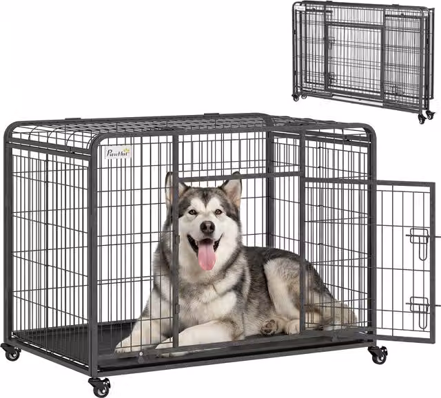 Gabbia per cani PawHut Aosom pieghevole con doppia porta, blocco di sicurezza, 4 ruote con freno e fondo rimovibile, L: 125 cm, P: 76 cm, H: 81 cm